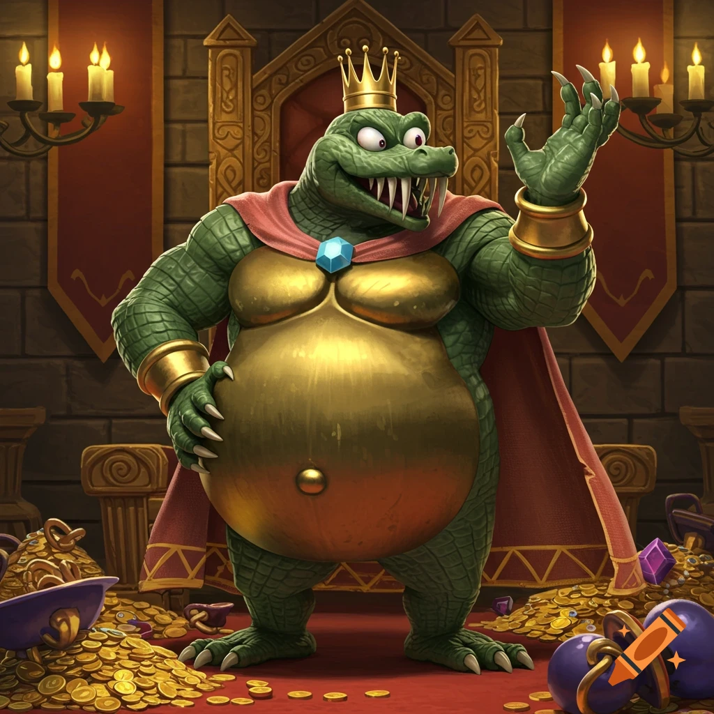King K. Rool with a huge golden belly, wearing a crown and cape, stands in a treasure-filled castle room.