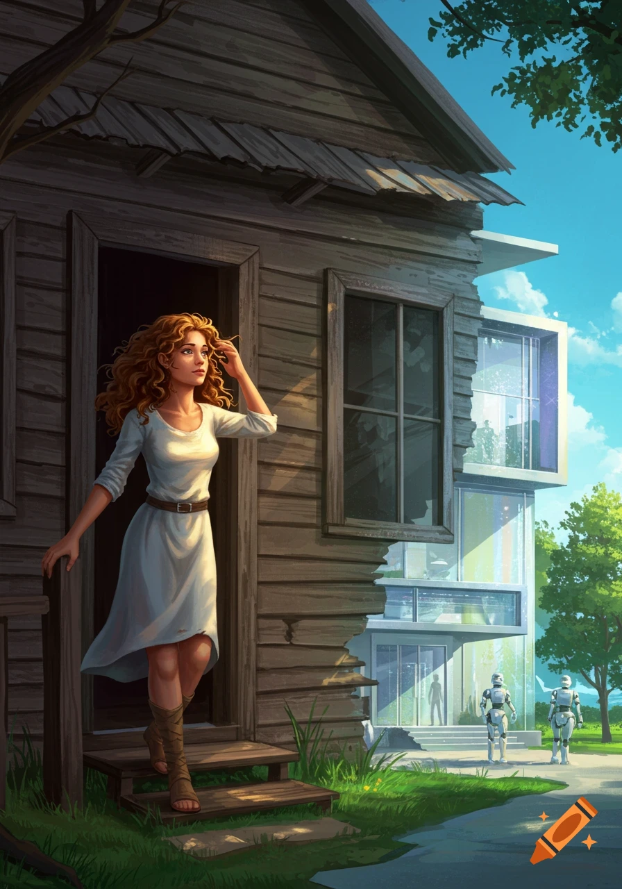 A woman in a white dress steps from an old wooden house, looking towards a modern glass building with two robots outside, digital art.