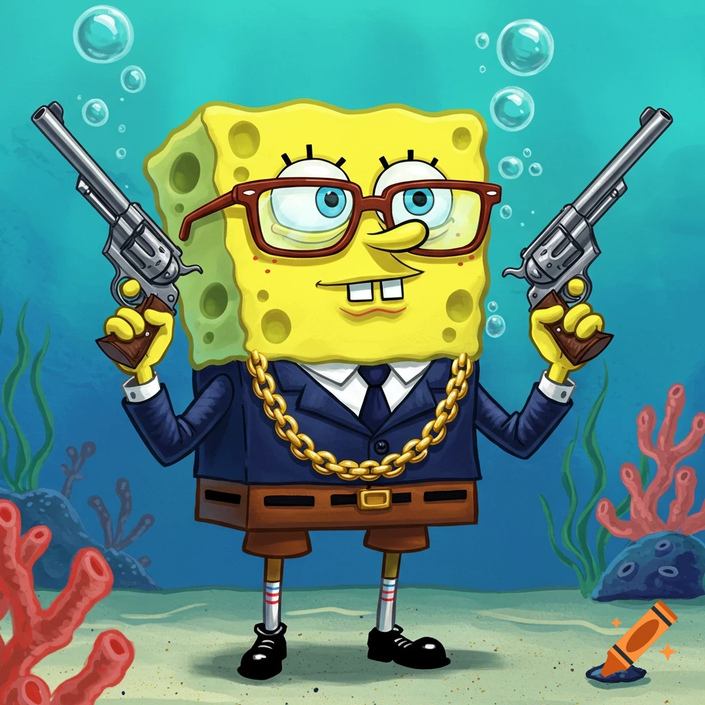 Cartoon Spongebob Squarepants in glasses, a blue suit, and a gold chain, holding two revolvers underwater.
