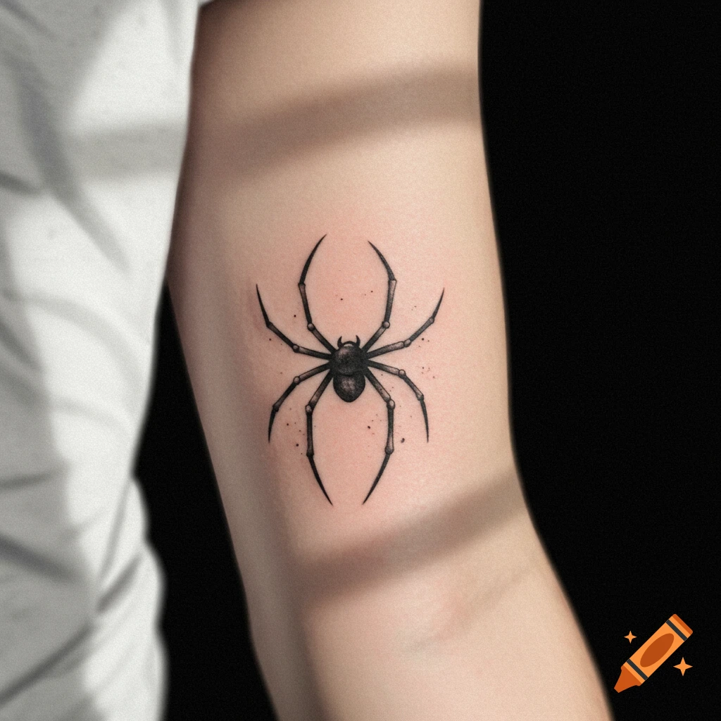 A detailed black spider tattoo on a person's outer arm.