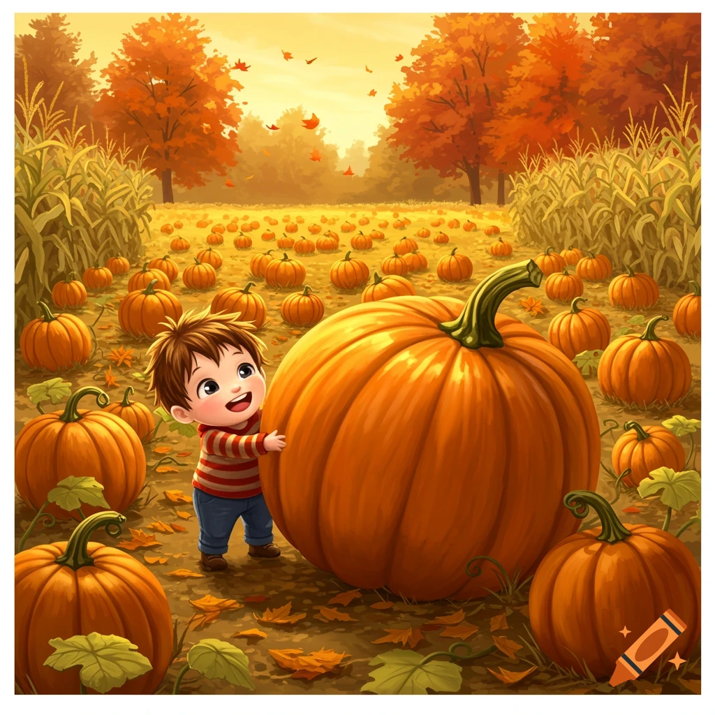 A happy child in a striped shirt embraces a giant pumpkin in an autumn pumpkin patch surrounded by smaller pumpkins and fall foliage.