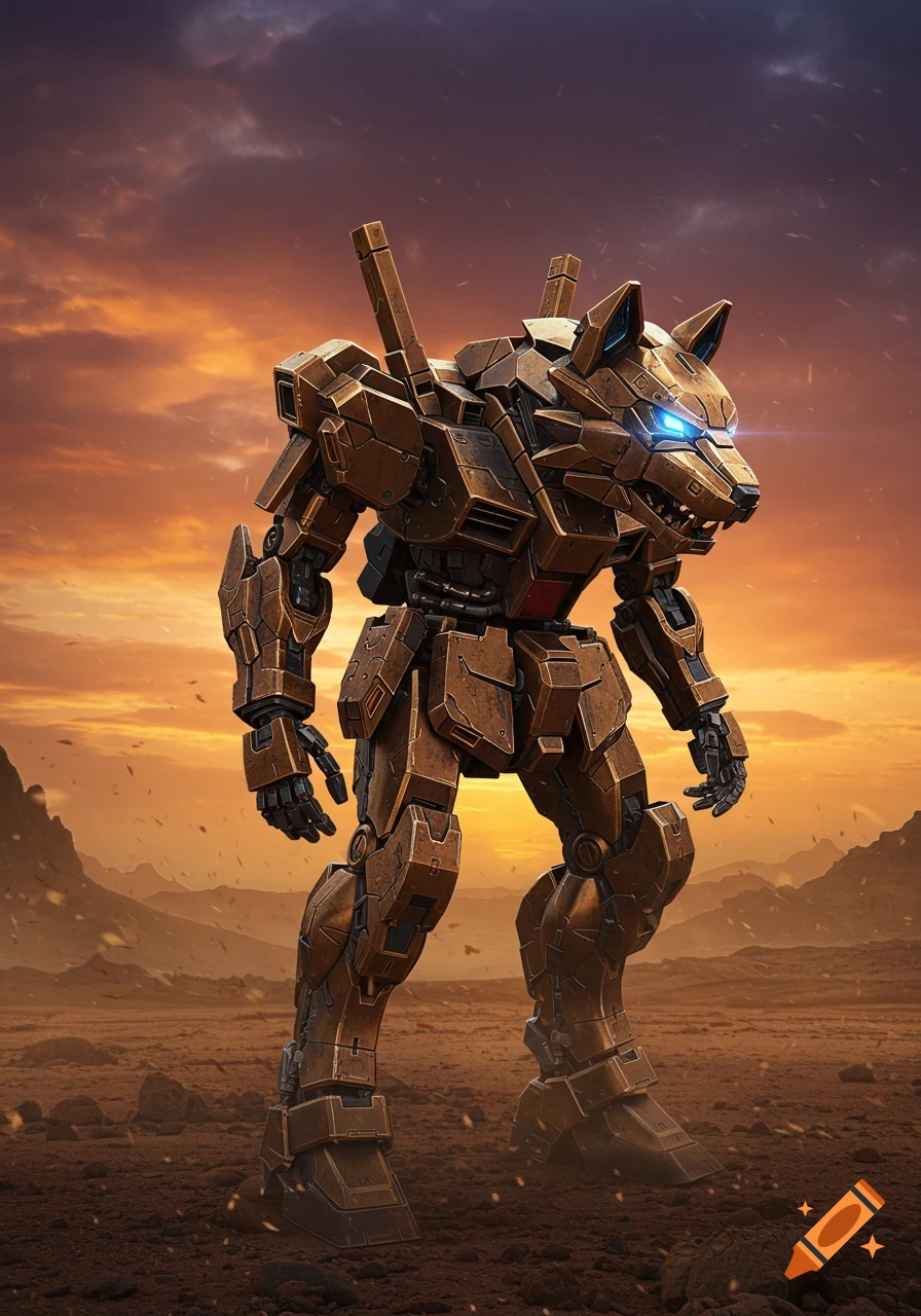 A bronze mecha with a wolf head and glowing blue eyes stands in a vast, arid landscape under a dramatic sunset sky.