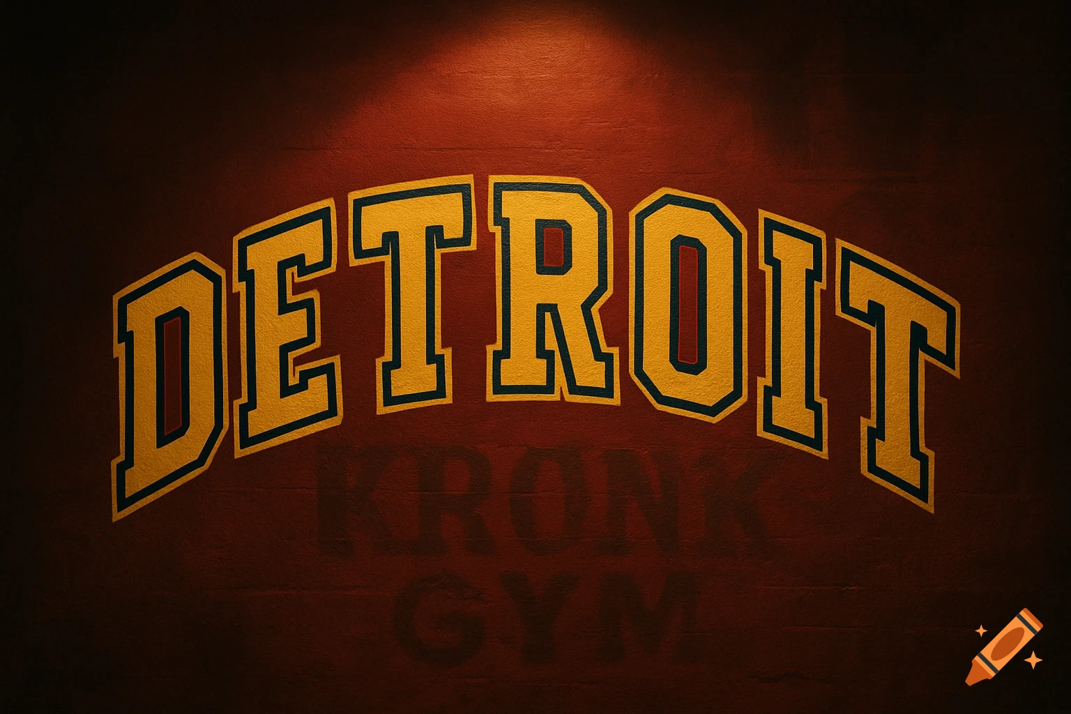 The word DETROIT in a yellow and blue collegiate-style font, against a red textured wall, with faint 'Kronk Gym' text below, illuminated by a spotlight.