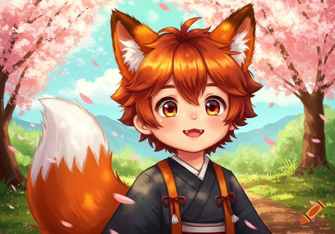 Cute anime fox boy with orange hair and ears, wearing a dark kimono, stands under cherry blossom trees with falling petals.