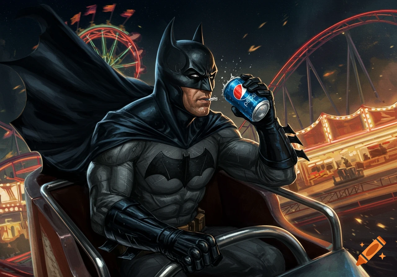 Comic art of Batman in a rollercoaster car, drinking a Pepsi at an amusement park at night.