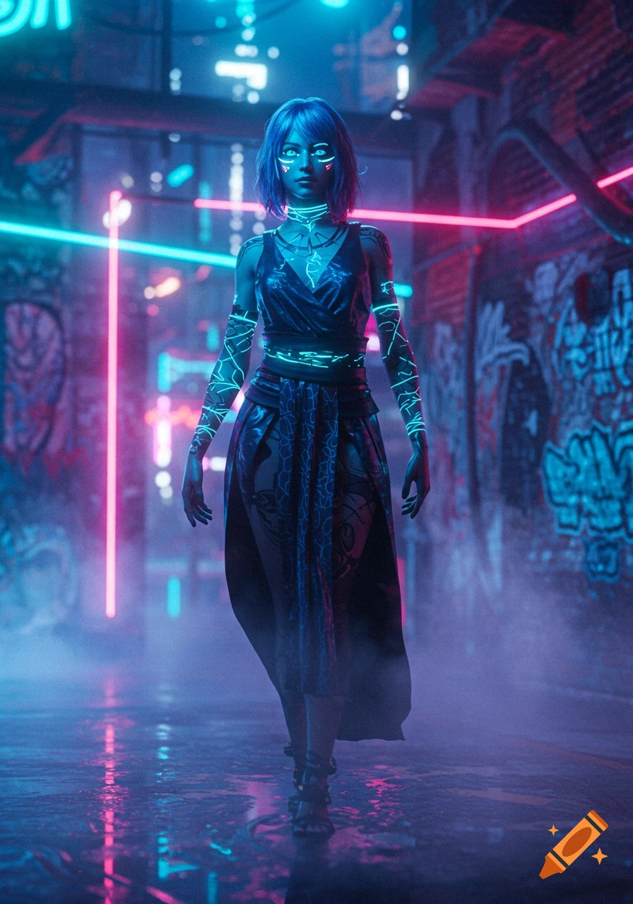 A blue-haired person with glowing blue lines on their face and arms stands in a neon-lit cyberpunk alley, amidst a foggy street with reflections.