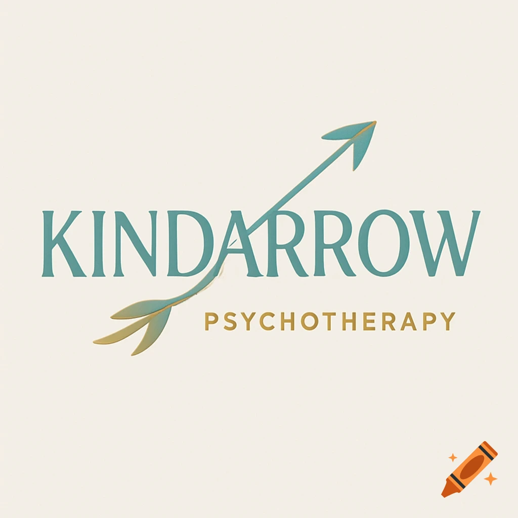 Minimalist logo for Kindarrow Psychotherapy with a teal arrow curving upwards and text.