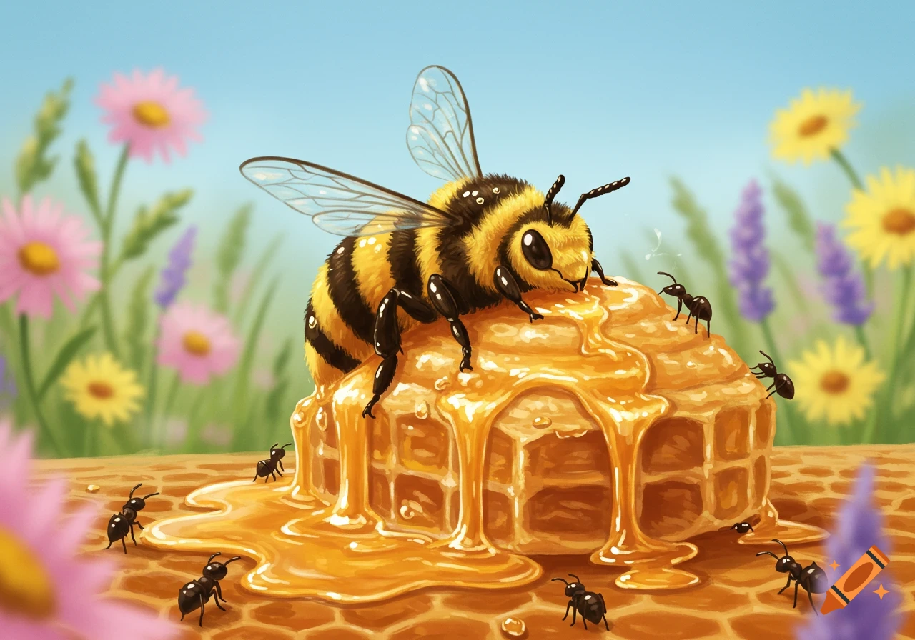 A cute, fluffy cartoon bee sits on a honeycomb dripping with golden honey, surrounded by small ants and colorful flowers.
