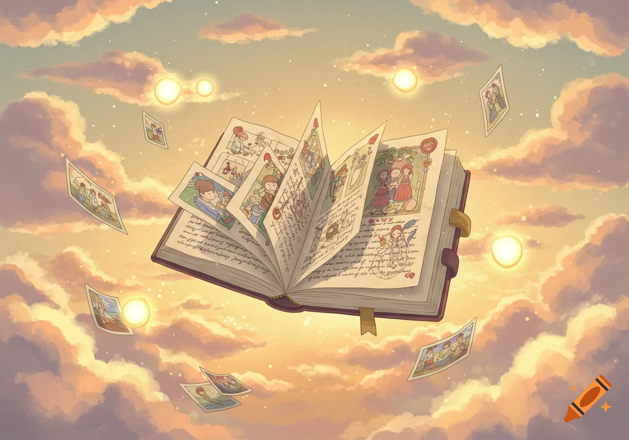 An open magical book floating in a pastel sunset sky with clouds, glowing orbs, and small illustrated photos flying around.