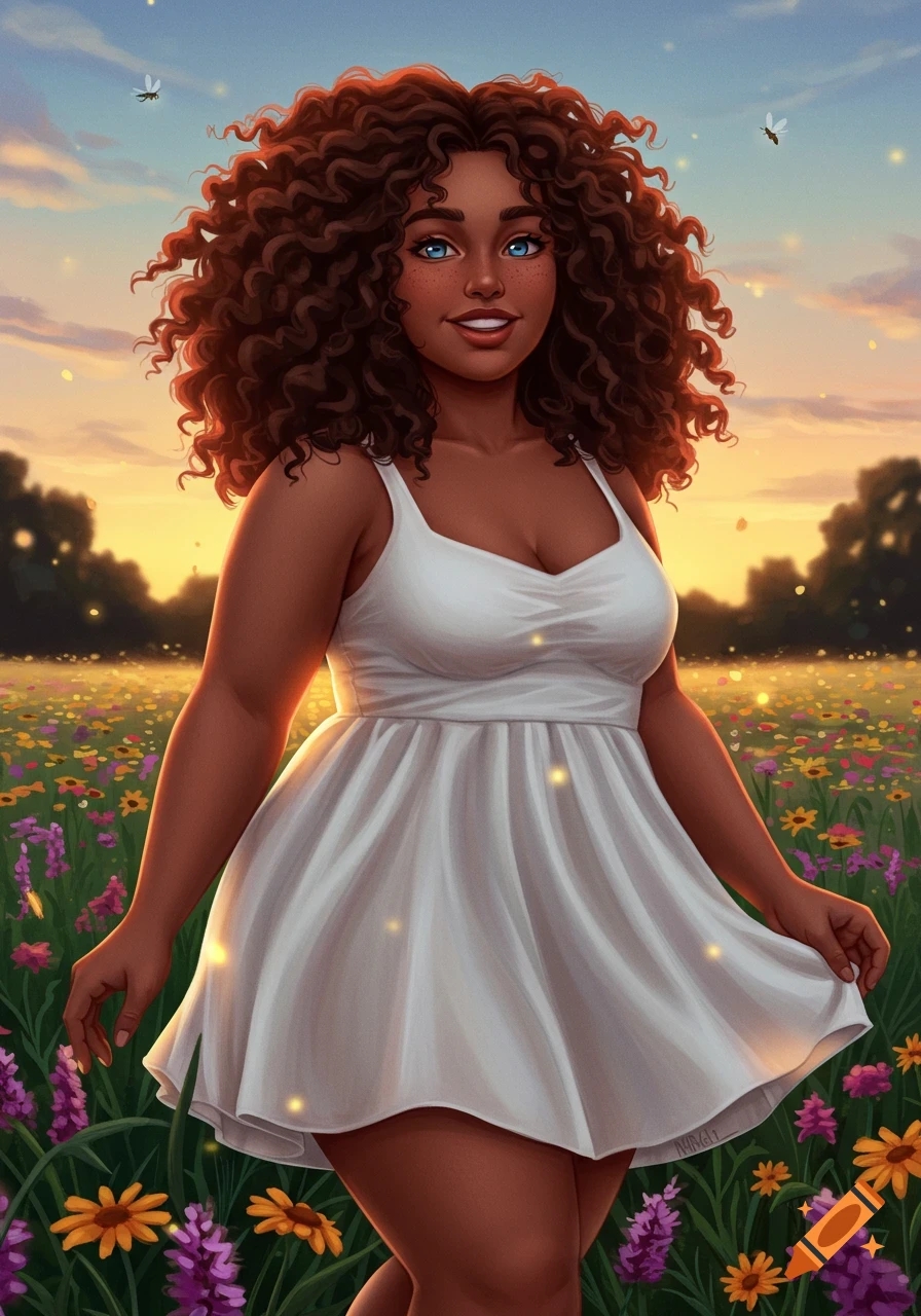 Digital art of a smiling plus-size woman with curly hair and blue eyes in a white dress, standing in a field of flowers at sunset.