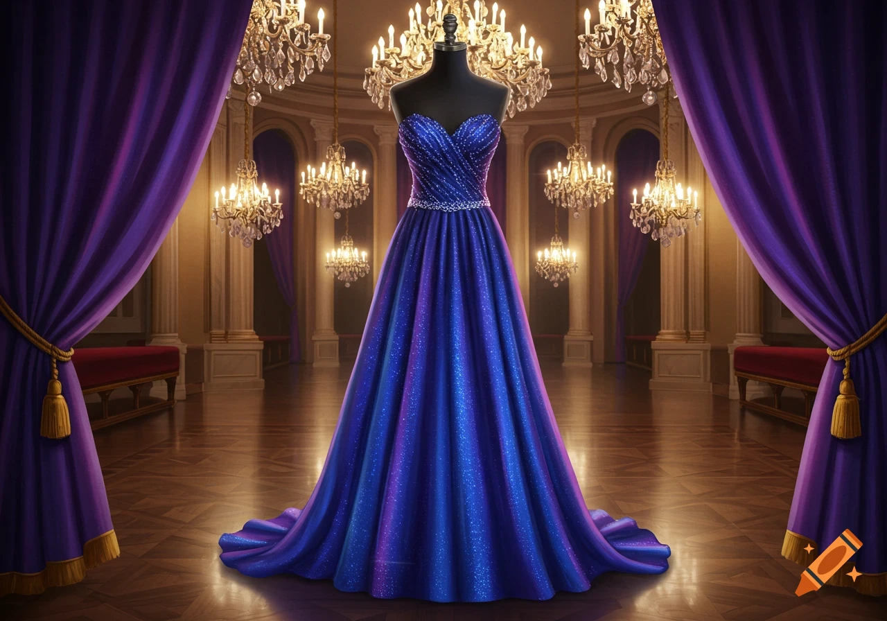 A shimmering blue and purple floor-length prom dress on a mannequin in a grand ballroom with purple curtains and chandeliers.