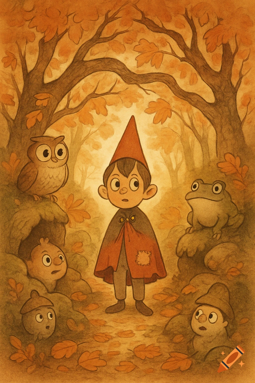 A cartoon boy in a red hat and cape stands in an autumn forest with an owl, a frog, and small gnomes. Retro animation style.
