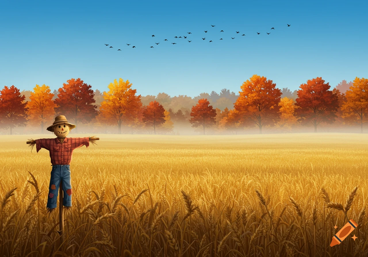 An idyllic illustration of a scarecrow in a golden wheat field with vibrant autumn trees and flying birds under a clear blue sky.