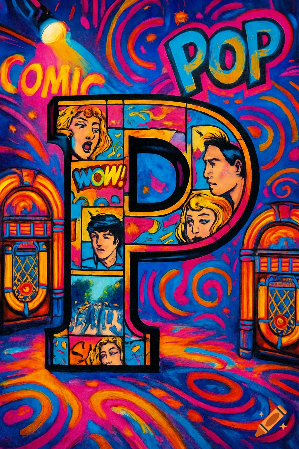 Pop art style painting featuring a large letter P filled with comic panels and faces, flanked by jukeboxes, on a vibrant, swirling background.