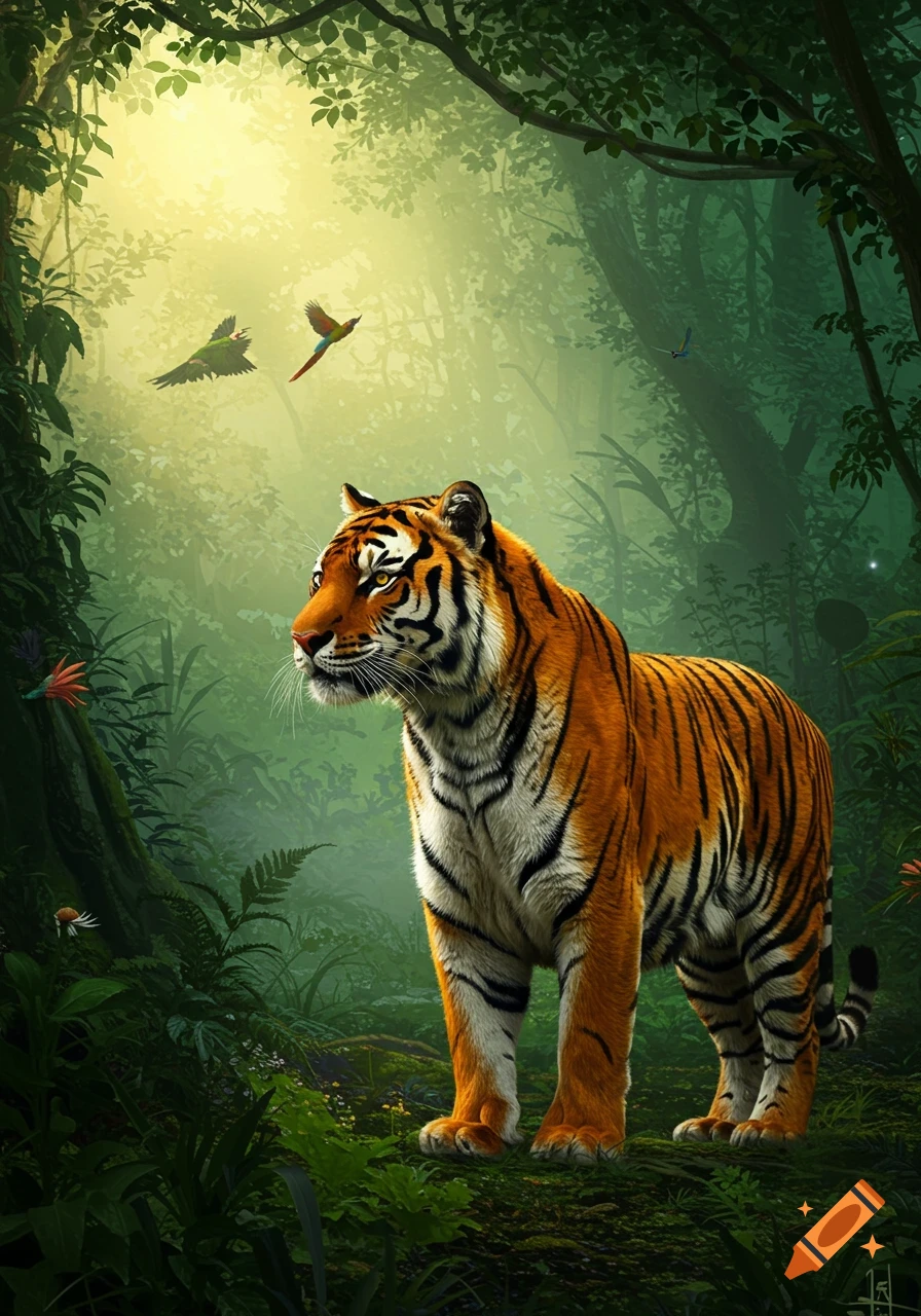 A detailed illustration of a tiger standing in a lush, sunlit jungle with birds flying in the background.