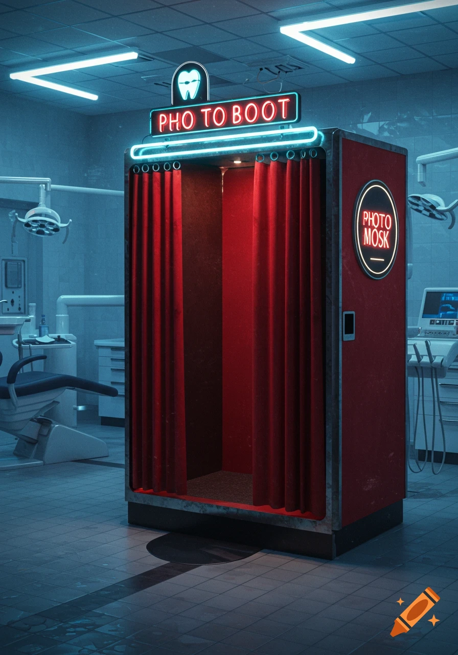 A red photo booth with neon signs, including "PHO TO BOOT" and a tooth icon, stands in a dental office with blue-hued lighting.