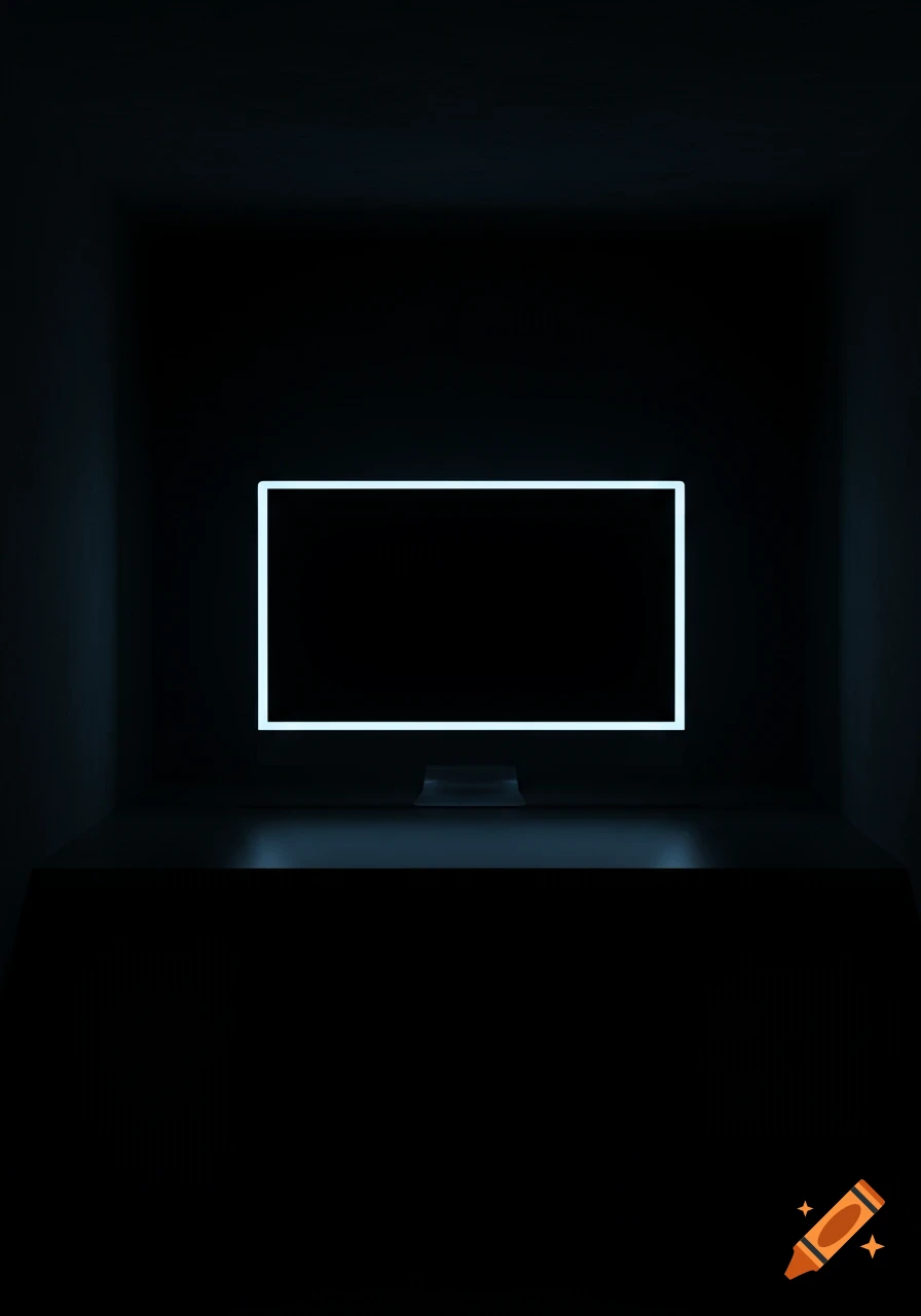 A black computer monitor with a bright neon blue rectangular outline glowing in a dark, minimalist room.