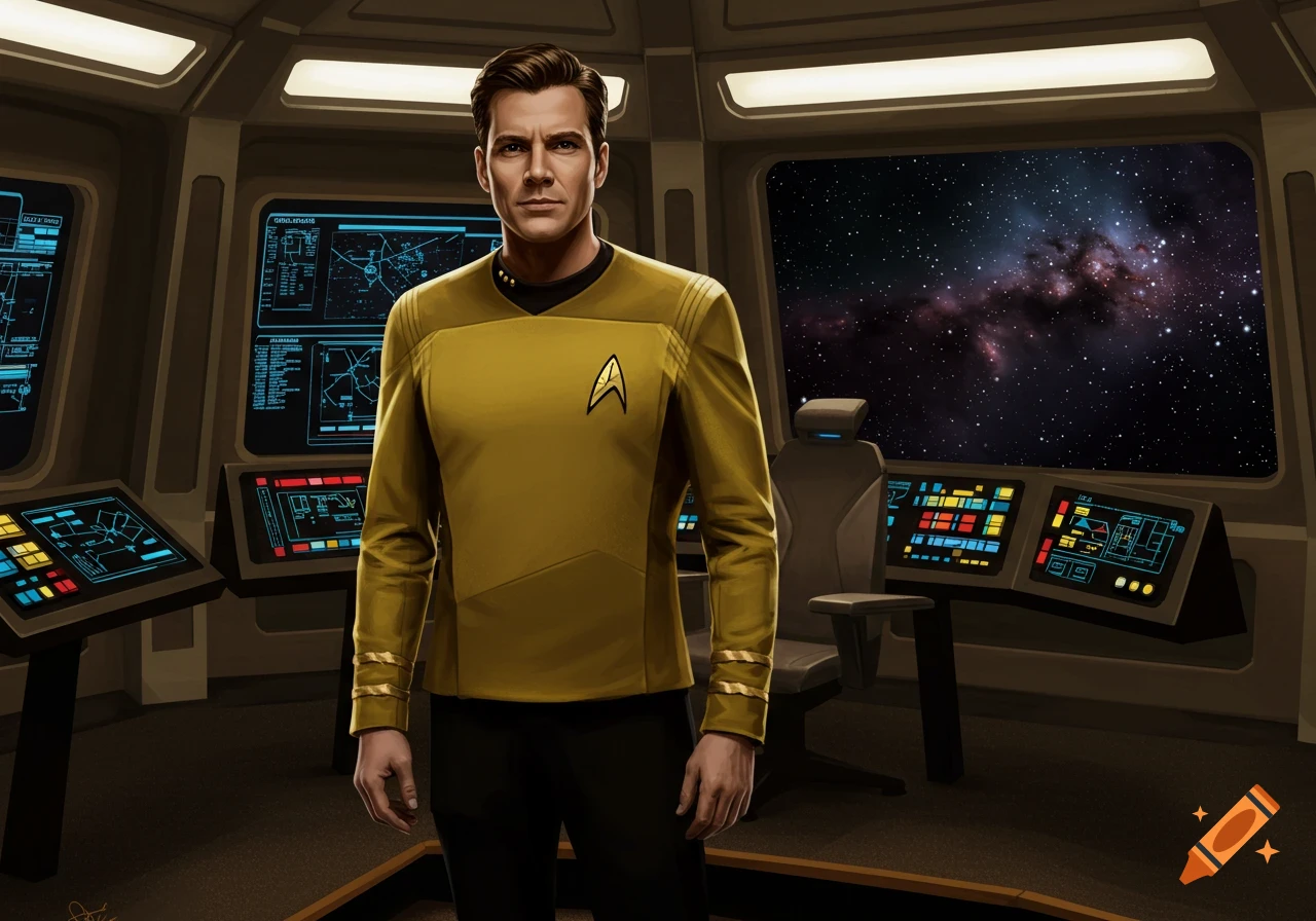 A man in a gold Star Trek uniform stands on a starship bridge, with a view of space and stars outside the window.