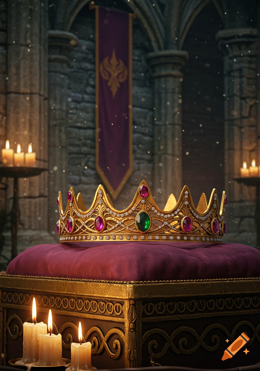 A golden crown adorned with colorful jewels rests on a red velvet cushion in a dimly lit, ancient stone hall, with flickering candles.