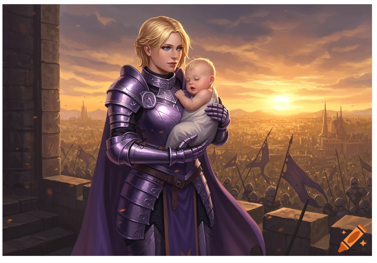 A female warrior empress in purple armor holds her baby son, looking out over a city with soldiers at sunset, digital art.