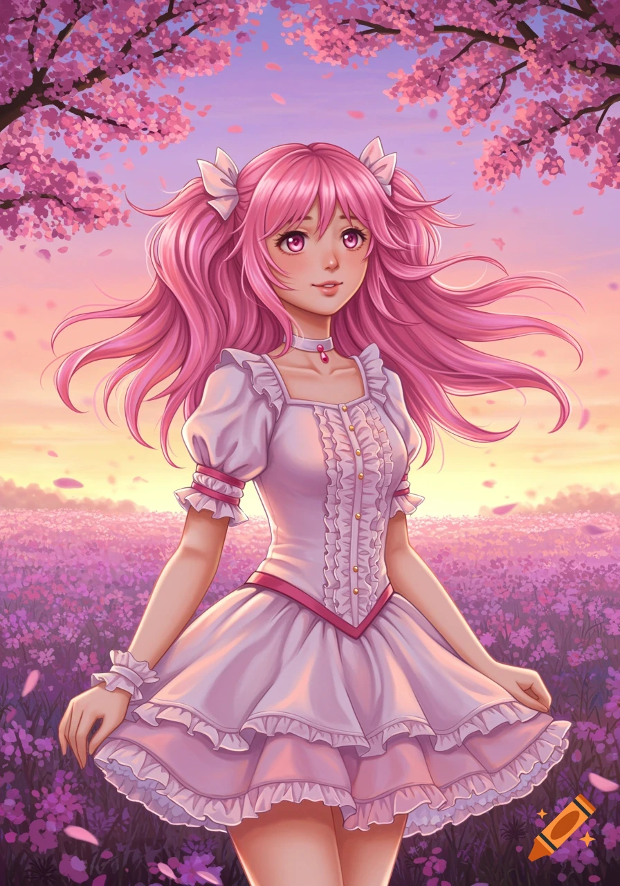 Anime illustration of a pink-haired girl in a white dress standing in a field of purple flowers under cherry blossom trees at sunset.