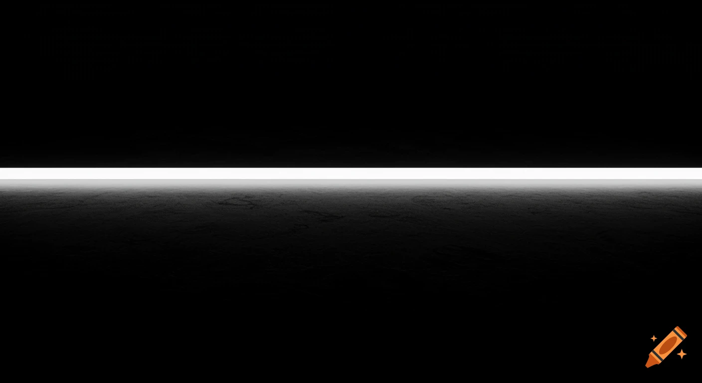 A bright horizontal white light illuminating a dark, textured ground in a minimalist abstract style.