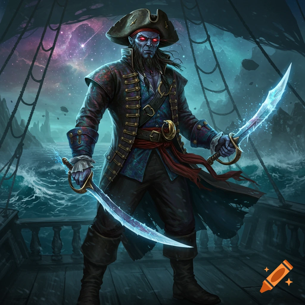 A blue-skinned Githyanki pirate with red eyes stands on a ship deck, wielding two glowing swords under a stormy, cosmic sky.