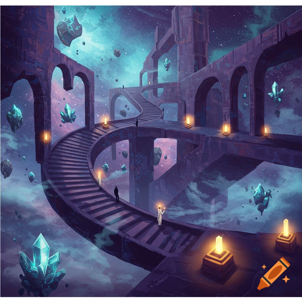 A fantasy digital painting of impossible architecture, winding stairs, and floating crystals under a cosmic sky with distant figures.