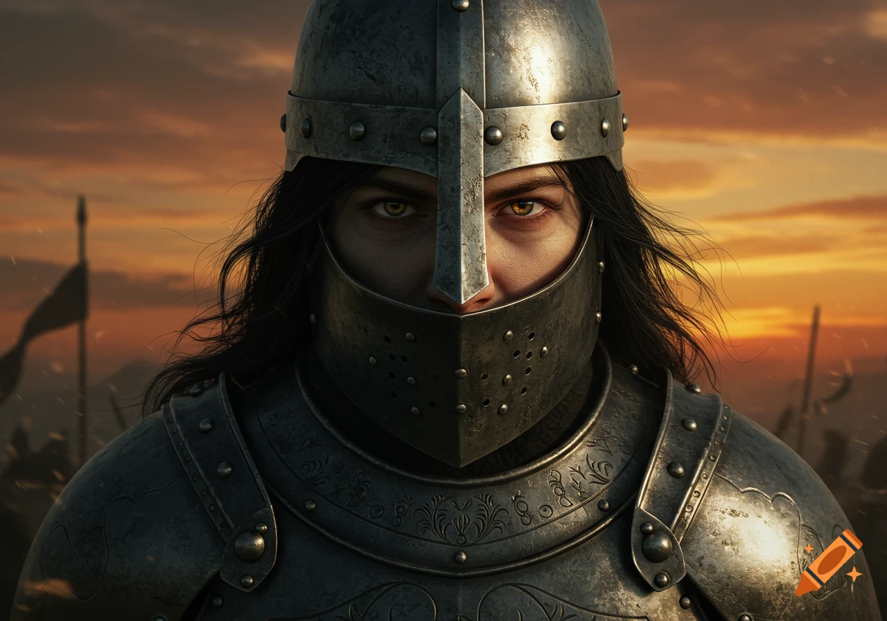 Photorealistic close-up of a knight with long black hair and intense eyes, wearing medieval armor against an orange sunset sky.