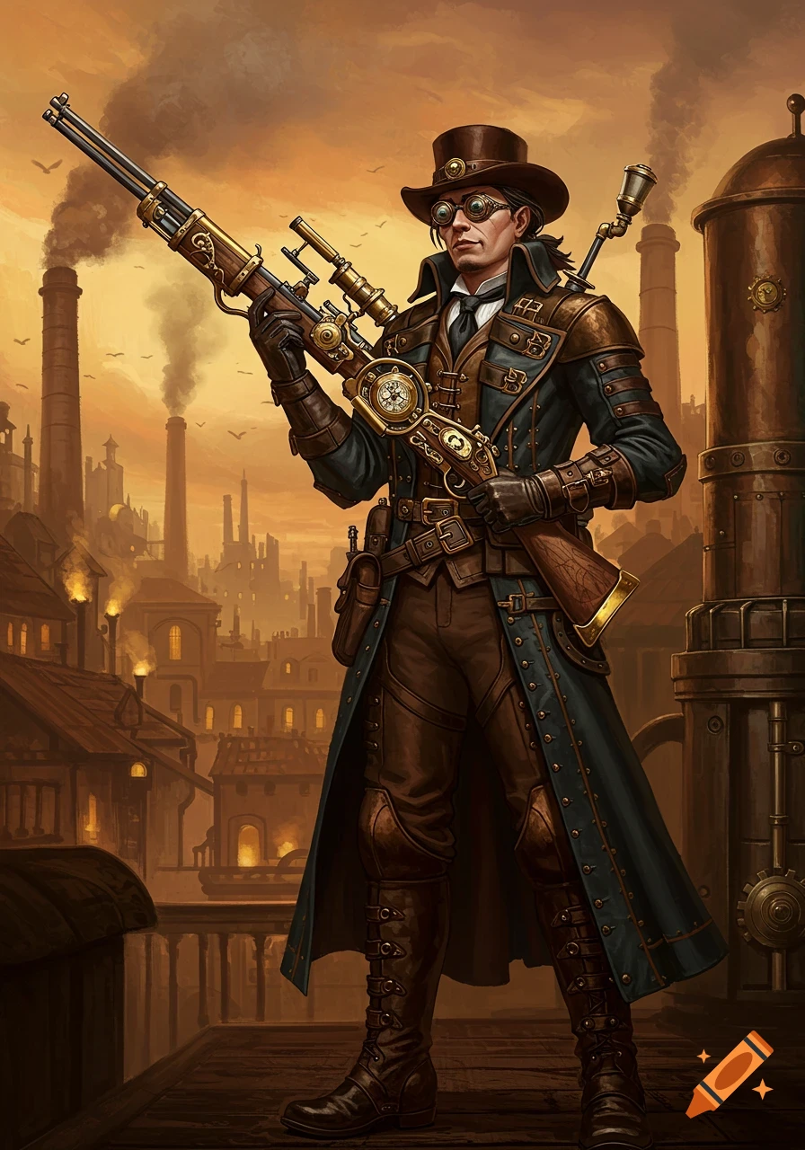 A detailed steampunk sharpshooter in a long coat and goggles holds a clockwork rifle, overlooking an industrial city at sunset.