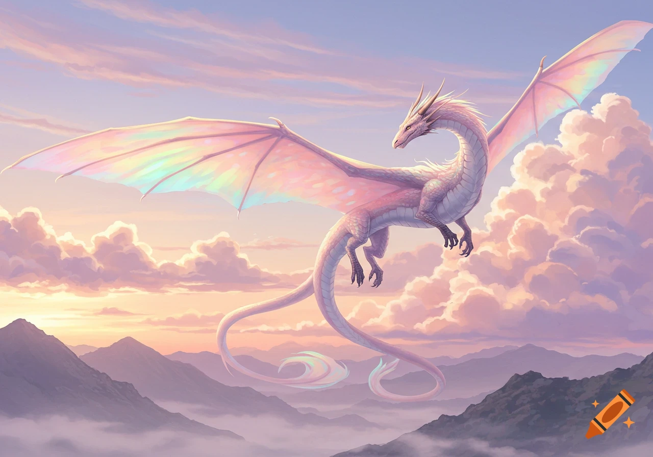 A white dragon with iridescent wings flies through a pastel rainbow sky above misty mountains and clouds.
