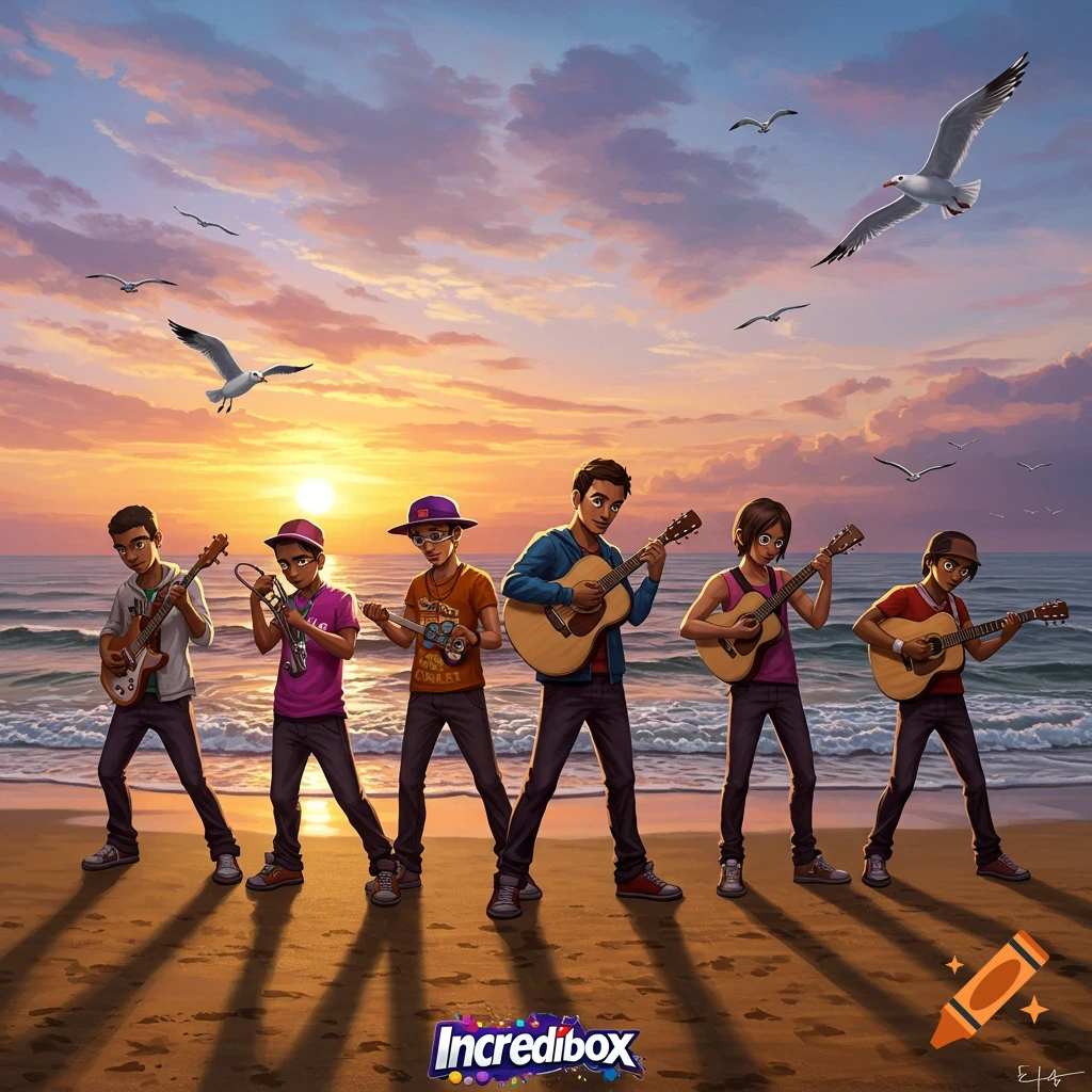 Illustrated group of young musicians playing on a sandy beach at sunset, with seagulls.