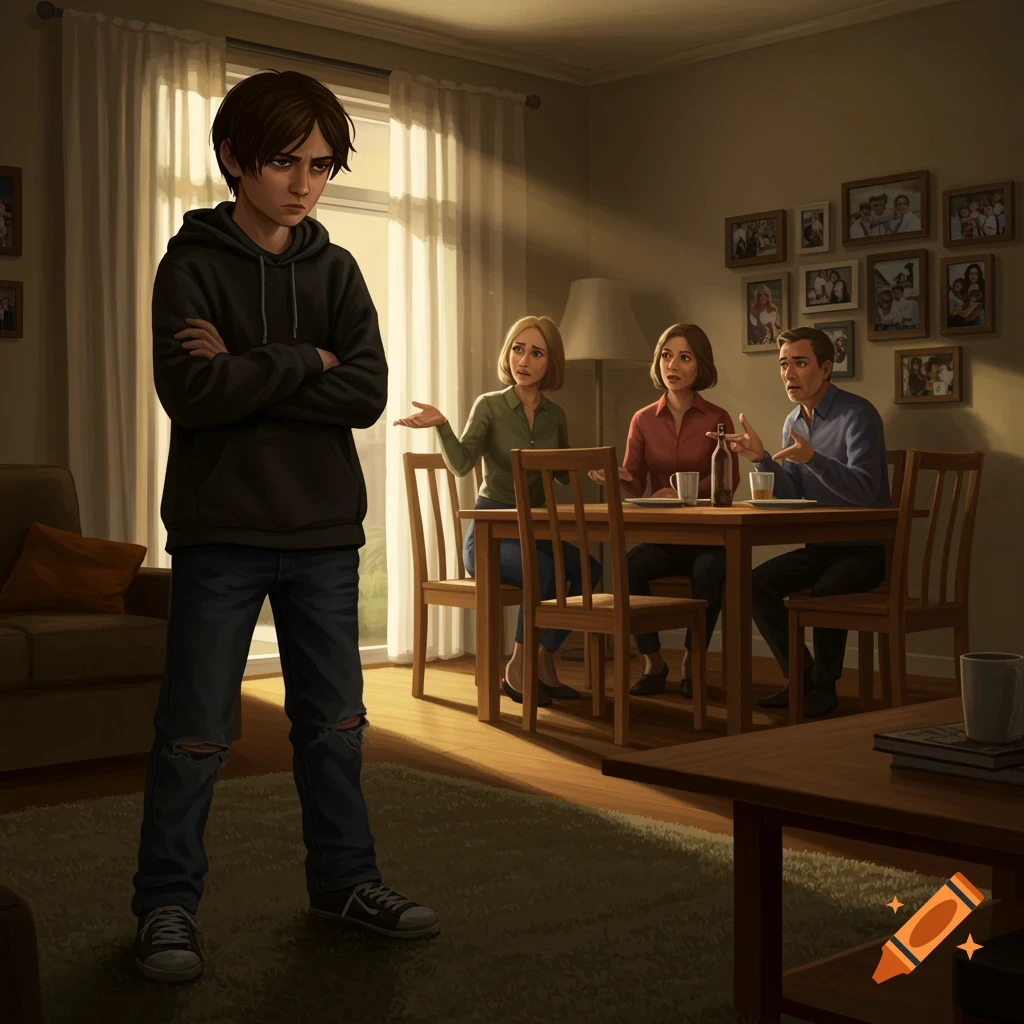 An illustration of an upset teenage boy standing with crossed arms, while two adults sit at a dining table talking in the background.