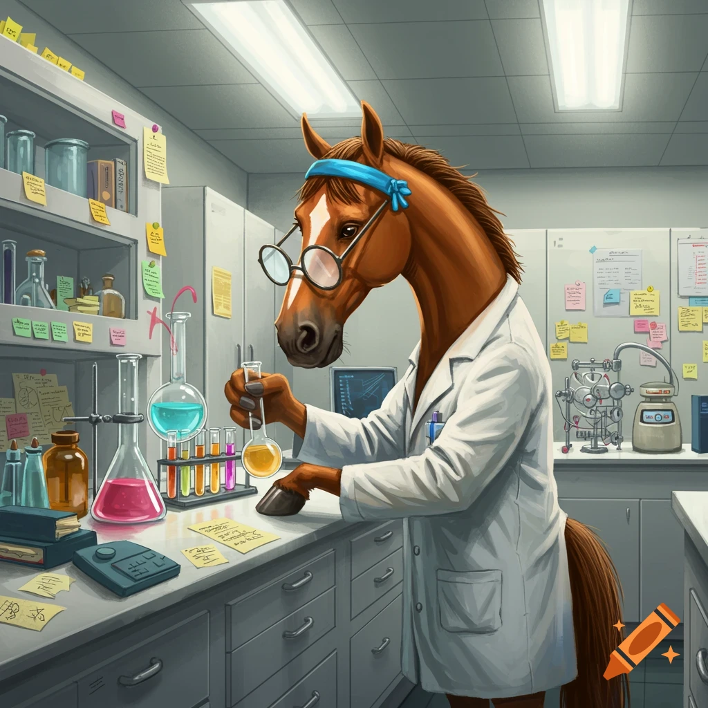 A horse wearing glasses and a lab coat mixes chemicals in a brightly lit science laboratory.