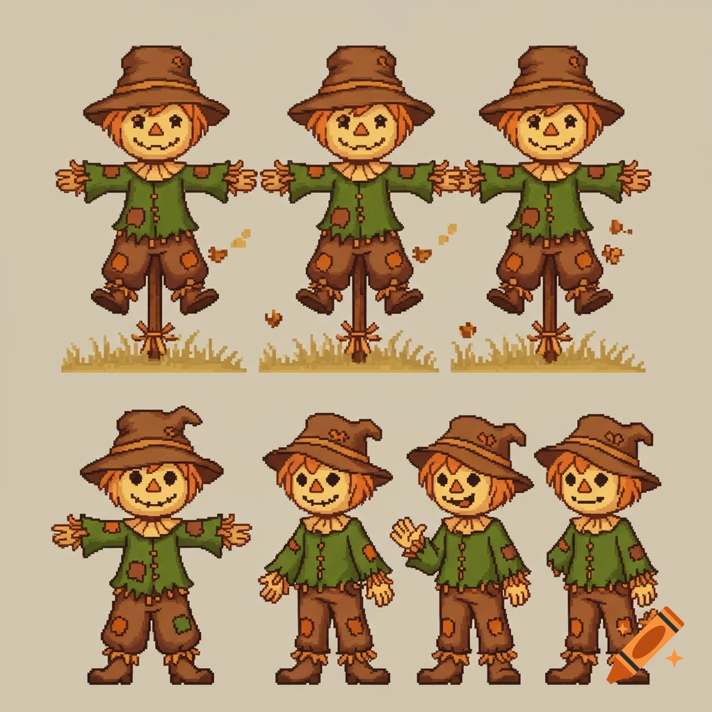 Pixel art sprite sheet showing six cute scarecrows in brown hats, green shirts, and brown pants, with autumn leaves.
