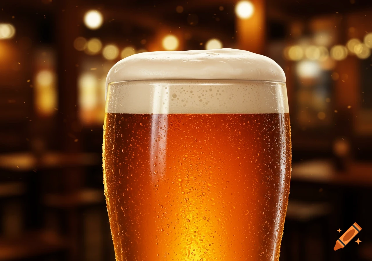 A close-up, photorealistic shot of a frosty glass of beer with a thick head of foam and condensation, against a blurry bar background.