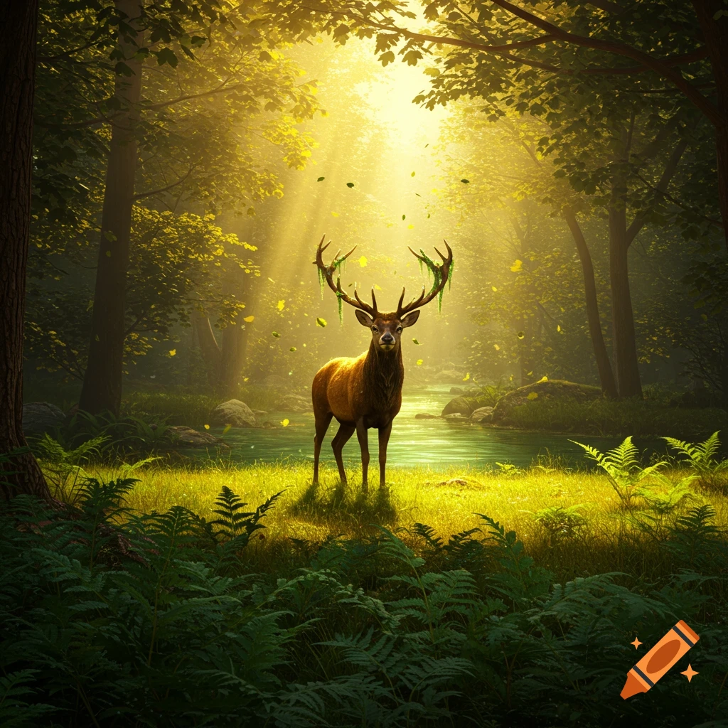 A majestic deer with mossy antlers stands in a sunlit forest clearing next to a stream, with golden leaves falling.