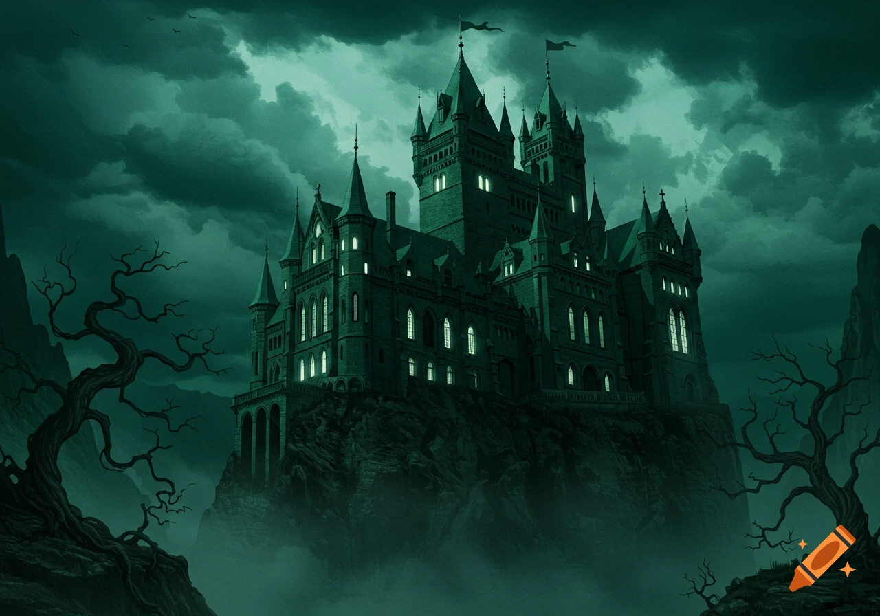 A dark green gothic castle with glowing windows stands on a misty, rocky hill under a stormy sky with bare trees.