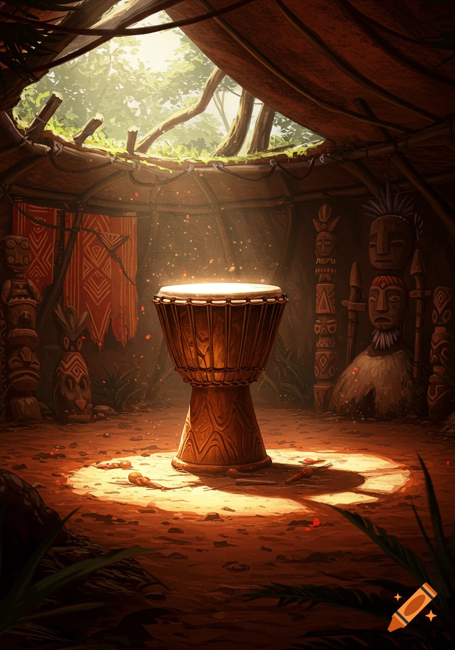 A single djembe drum bathed in a ray of light within a rustic, tribal hut, surrounded by carved masks and patterned hangings. Atmospheric art.