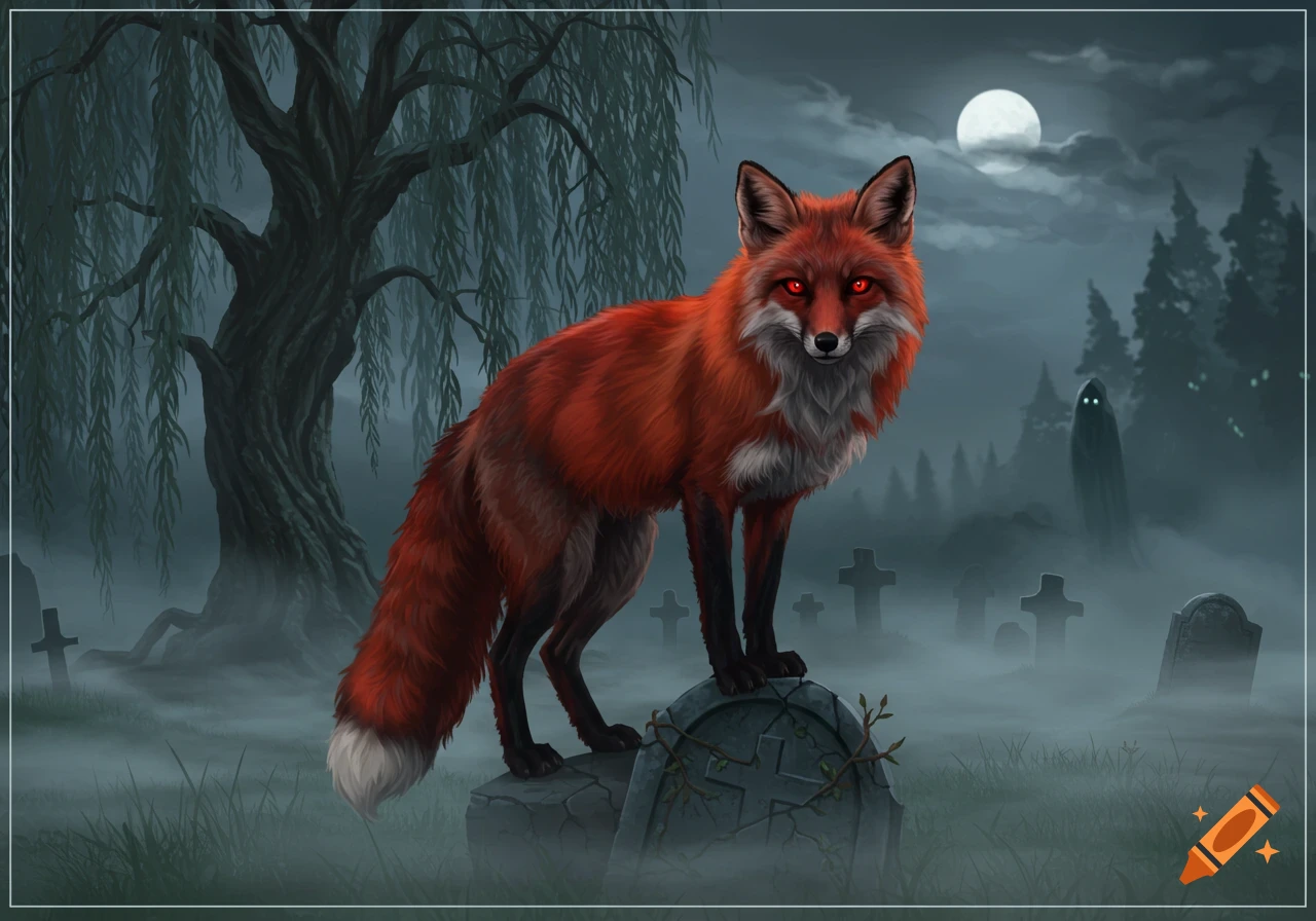 A red fox with glowing red eyes stands on a tombstone in a misty, moonlit graveyard with a willow tree and a distant ghost. Dark fantasy illustration.