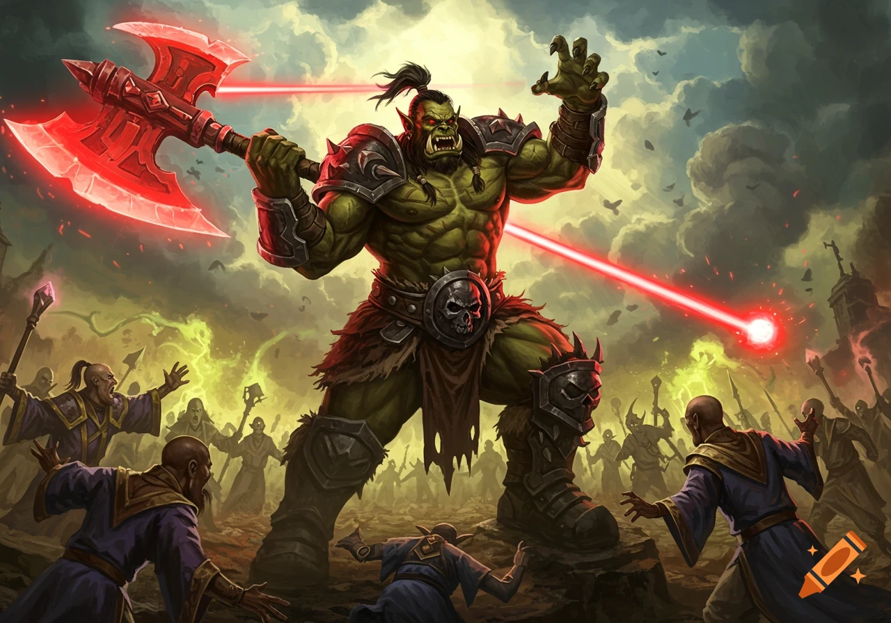 A large green orc barbarian with a red glowing axe confronts a crowd of fleeing wizards in a fantasy art style.