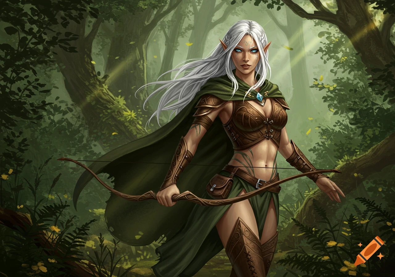 A detailed fantasy illustration of a silver-haired elvish ranger in leather armor and green cloak, holding a bow in a lush forest.