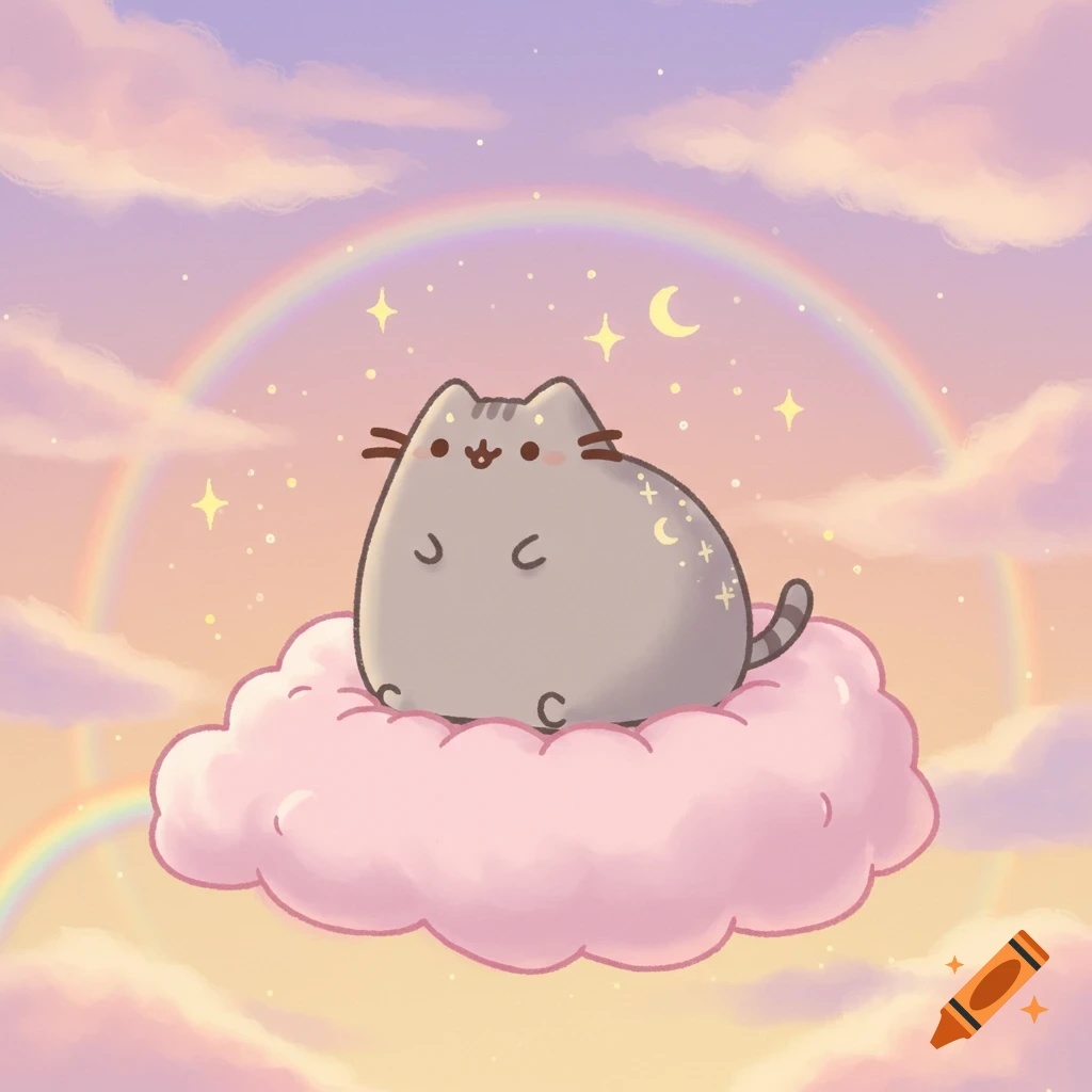 A cute cartoon grey Pusheen cat sits on a pink cloud with stars and a moon, under a rainbow in a pastel sky.