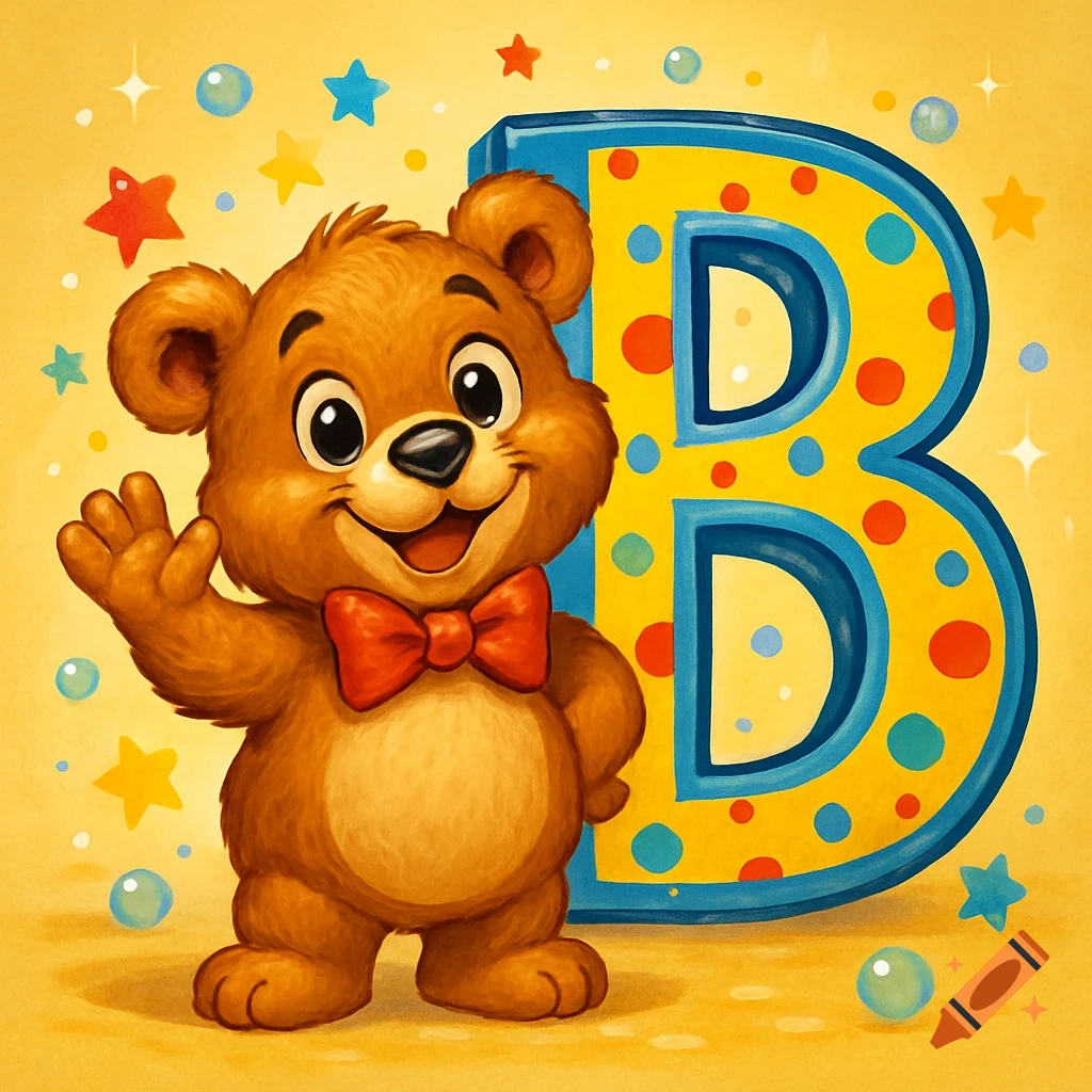 Cartoon bear with a red bow tie waving in front of a yellow polka-dotted letter B, surrounded by stars and bubbles.