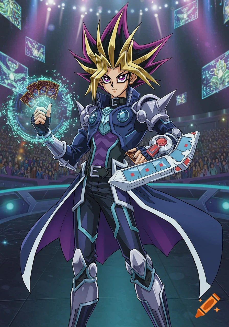 An anime character, Yami Yugi, in a dueling arena, holding glowing cards and wearing a duel disk.