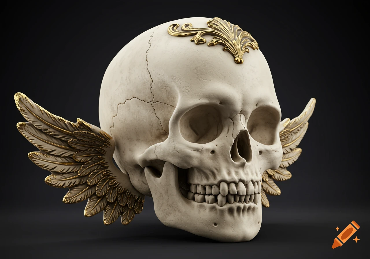 A photorealistic 3D render of a cherubic skull with golden wings and filigree on a dark background.