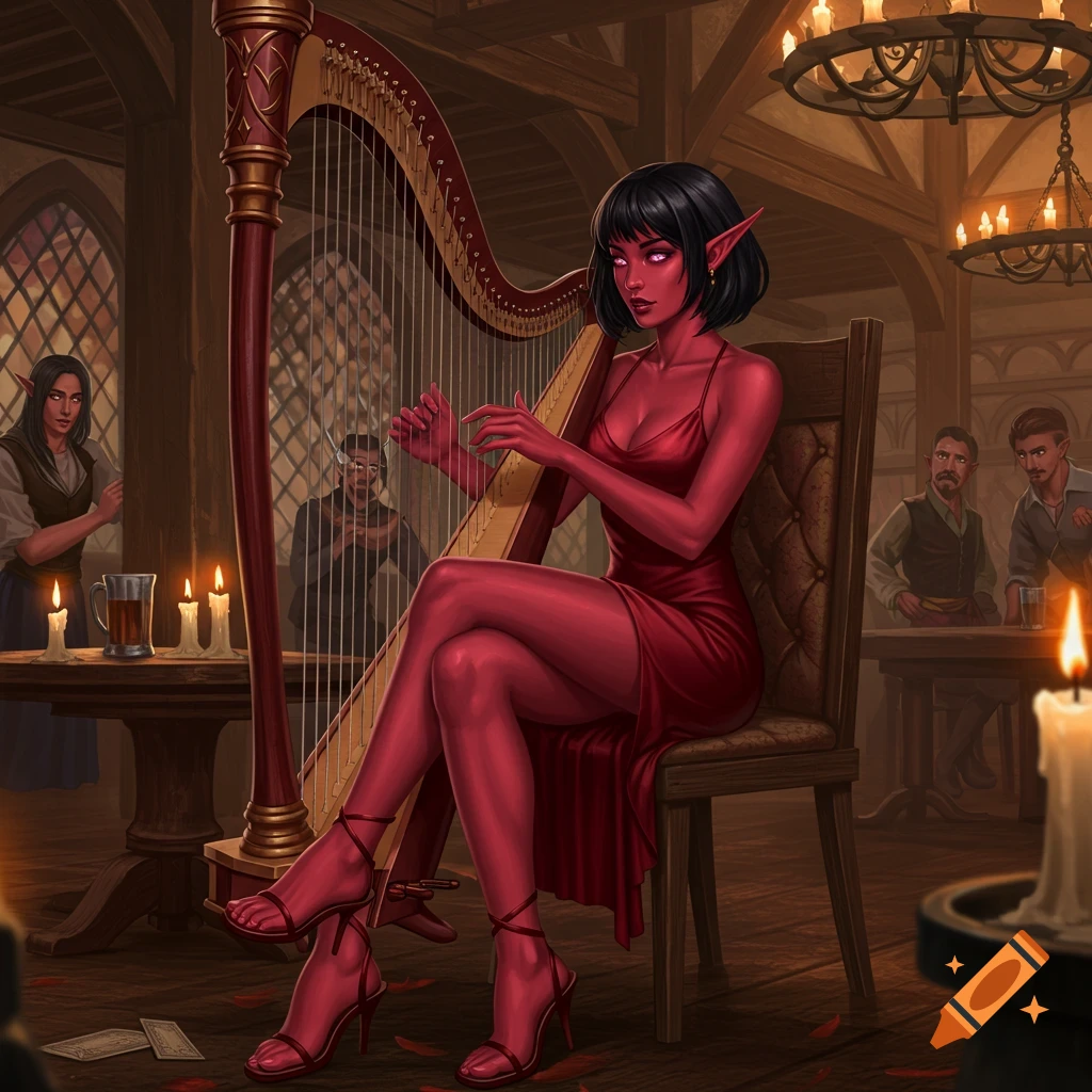 A red-skinned female elf with short dark hair in a red mini-dress plays a harp in a bustling fantasy tavern.