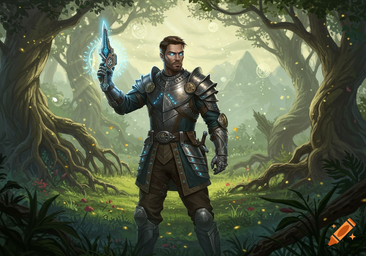 A man in ornate fantasy armor with glowing blue eyes holds a futuristic glowing weapon in a mystical forest.