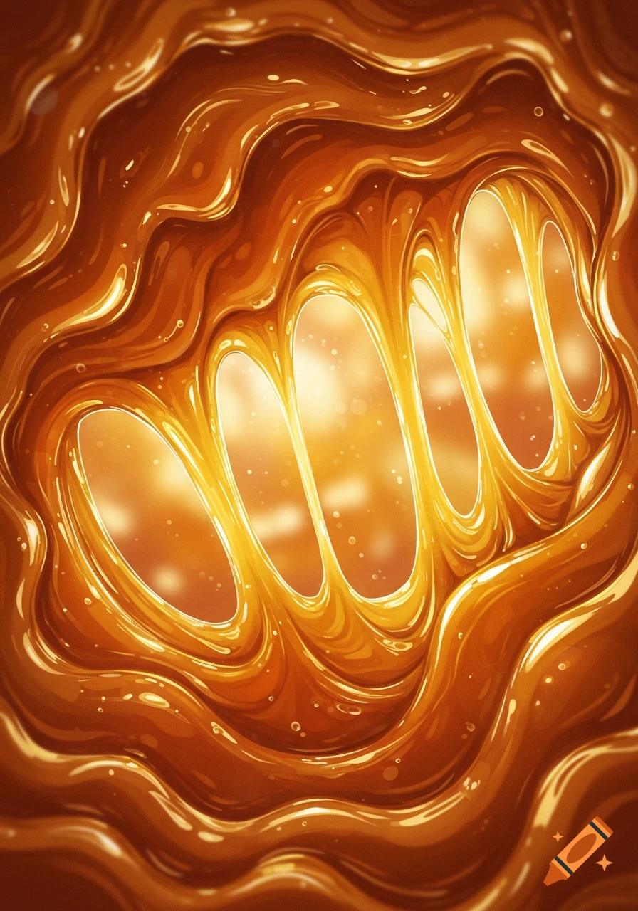 Abstract image of golden-brown sticky liquid with flowing waves and glowing elements, resembling honey or caramel.