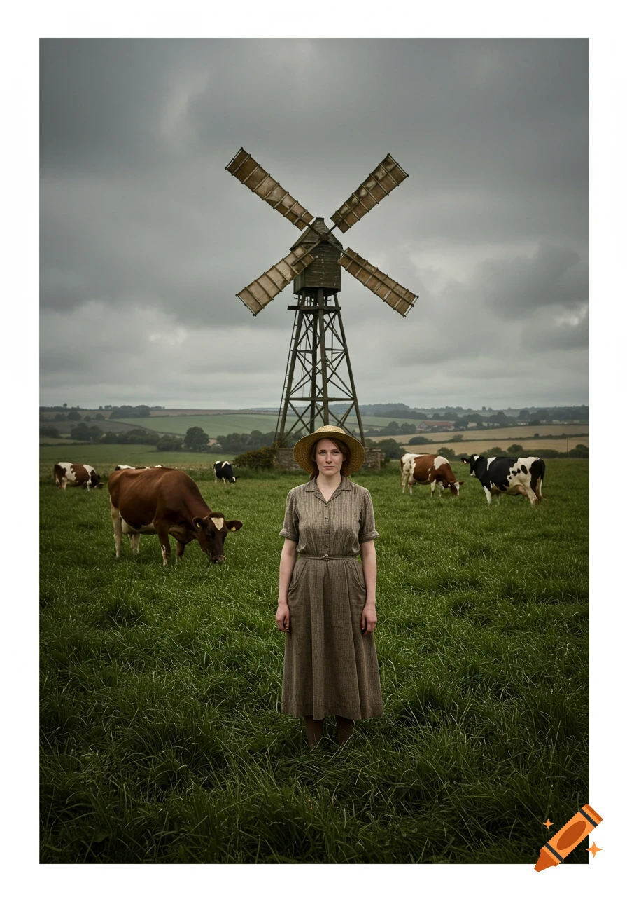 A woman in a dress and straw hat stands in a grassy field with cows and a windmill under a cloudy sky.